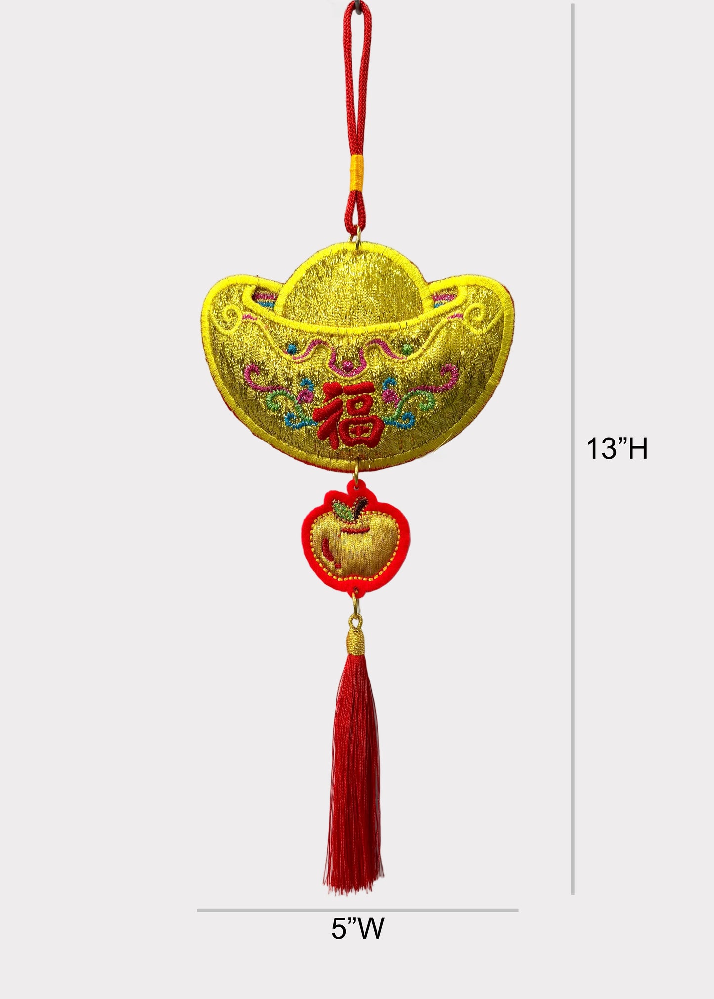 Embroidered Gold Ingot Wall Hanging with Lucky Apple and Red Envelope Slot