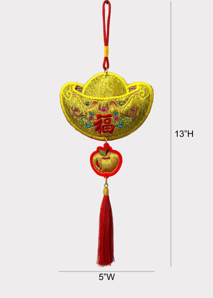 Embroidered Gold Ingot Wall Hanging with Lucky Apple and Red Envelope Slot