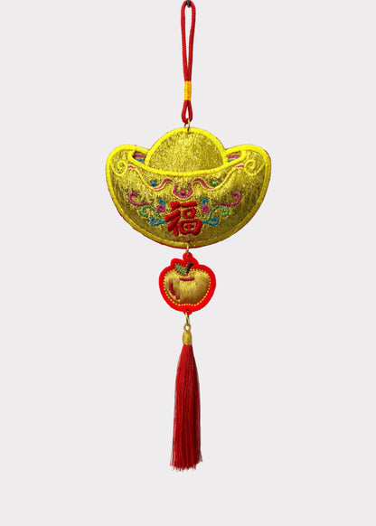 Embroidered Gold Ingot Wall Hanging with Lucky Apple and Red Envelope Slot