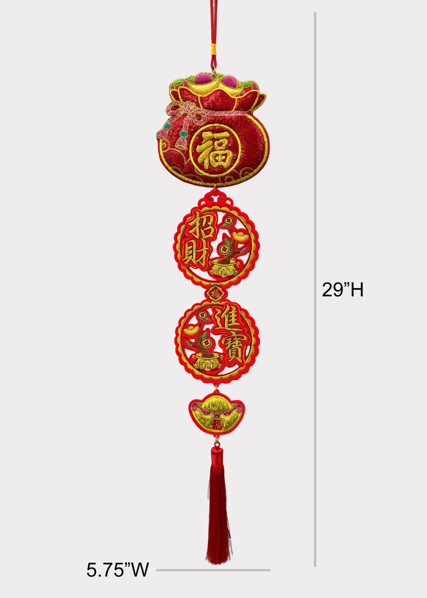 Lucky Wealth Money Pouch Wall Hanging - Felt Embroidered Prosperity Decor with Tassel