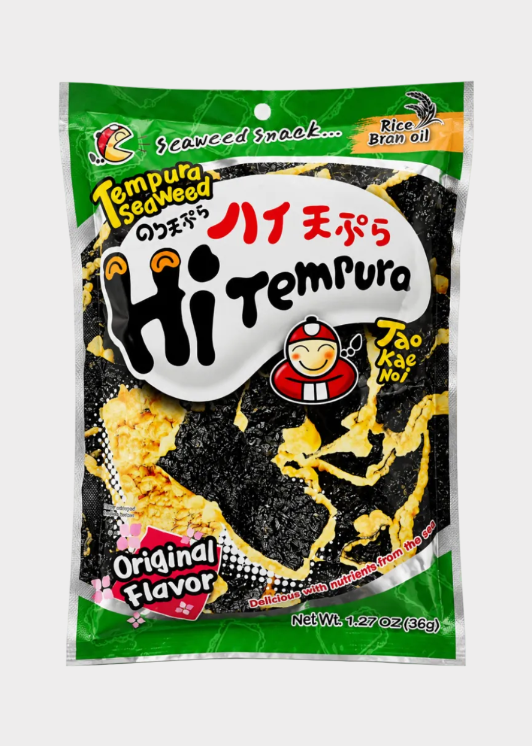 A bag of Hi Tempura Tempura Sea Weed snack, featuring a green and white package with a clear window showing the black seaweed and yellow rice cracker pieces inside. The package includes the Kao Mae Noi brand logo and is set against a plain light gray background.