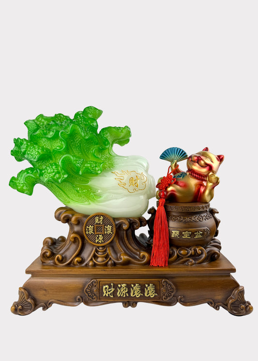 Jadeite Cabbage with Lucky Cat – Prosperity & Fortune Figurine