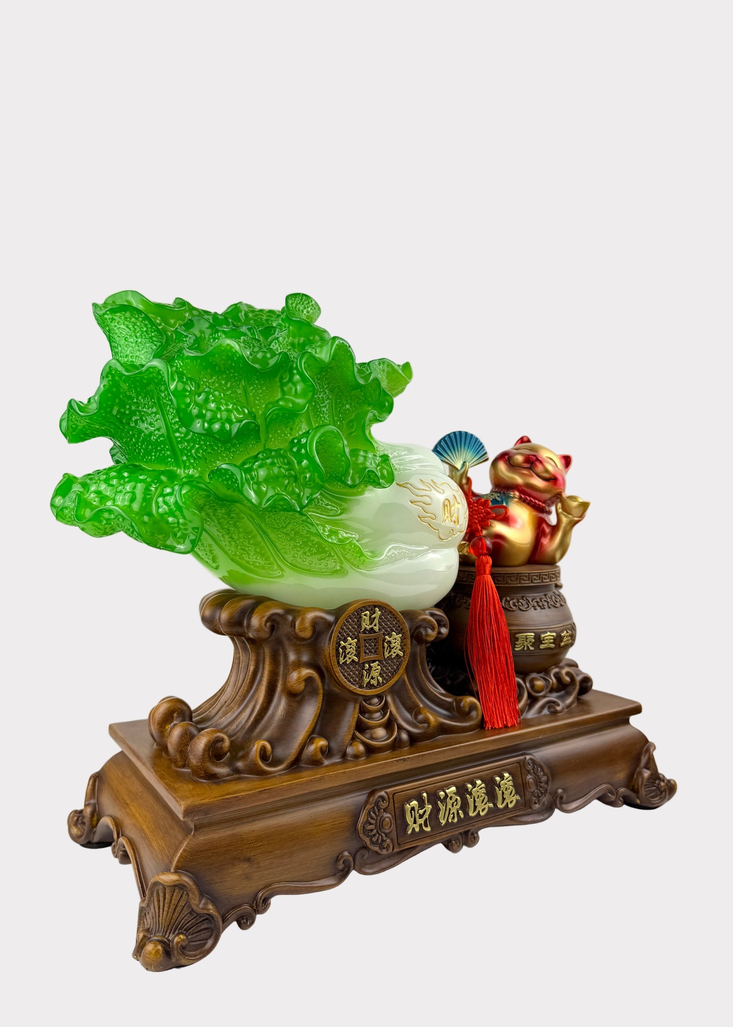 Jadeite Cabbage with Lucky Cat – Prosperity & Fortune Figurine