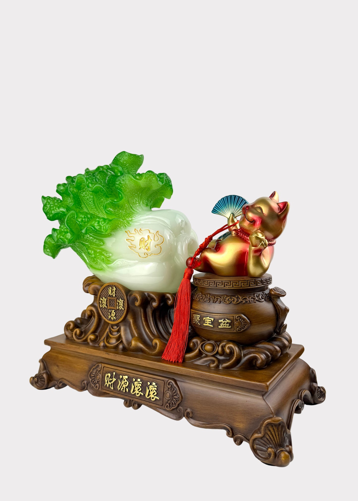 Jadeite Cabbage with Lucky Cat – Prosperity & Fortune Figurine