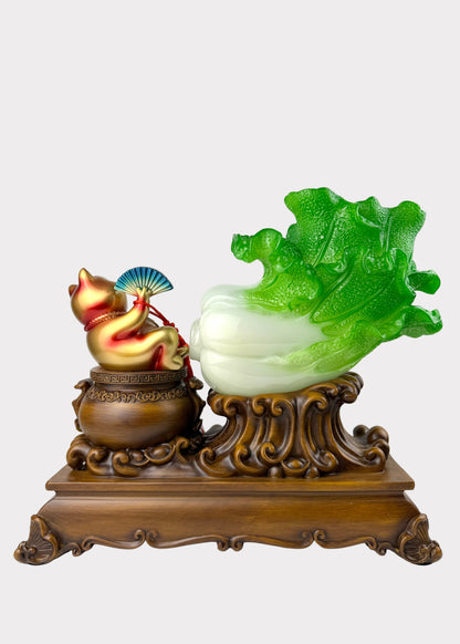 Jadeite Cabbage with Lucky Cat – Prosperity & Fortune Figurine