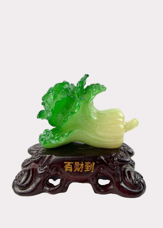 Mini Feng Shui Cabbage on Wooden Base – Wealth & Fortune Figurine