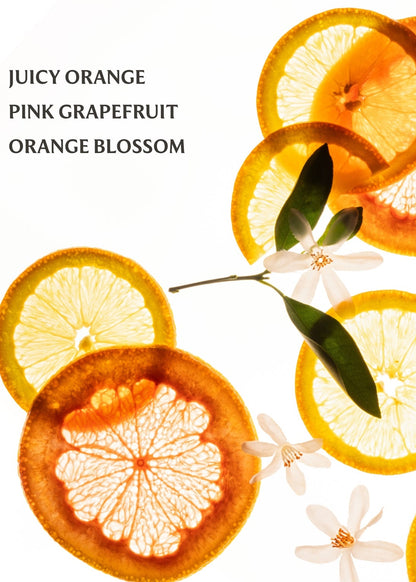 Sliced oranges, pink grapefruit, and orange blossoms on a white background with text 'Juicy Orange Pink Grapefruit Orange Blossom'.