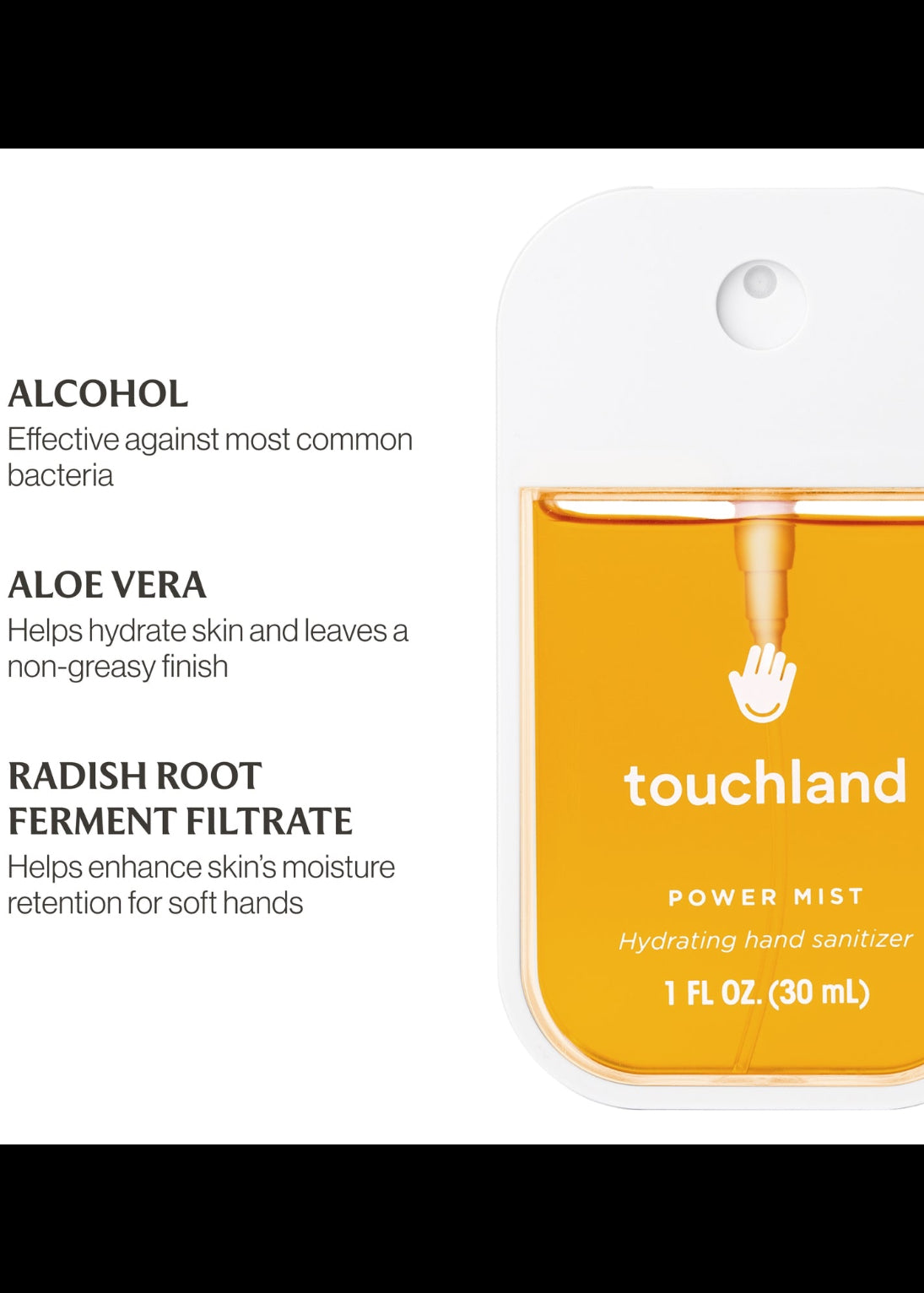 Touchland power mist hand sanitizer packaging with ingredients listed on a white background