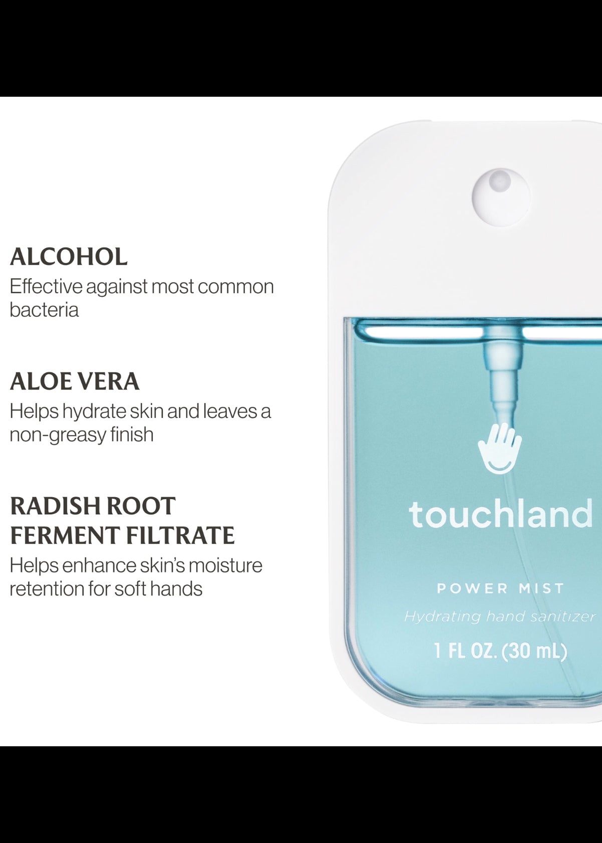 Touchland power mist hand sanitizer with ingredients listed on a white background