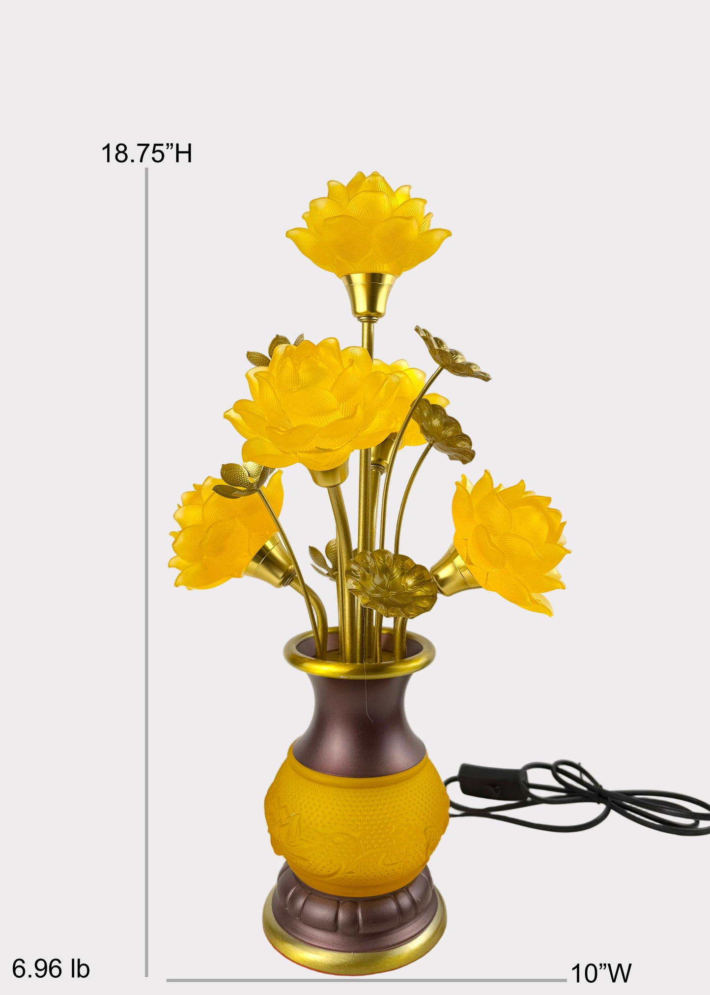 Five Yellow Lotus LED Lamp – Solid Yellow Glow – Embossed Lotus Vase