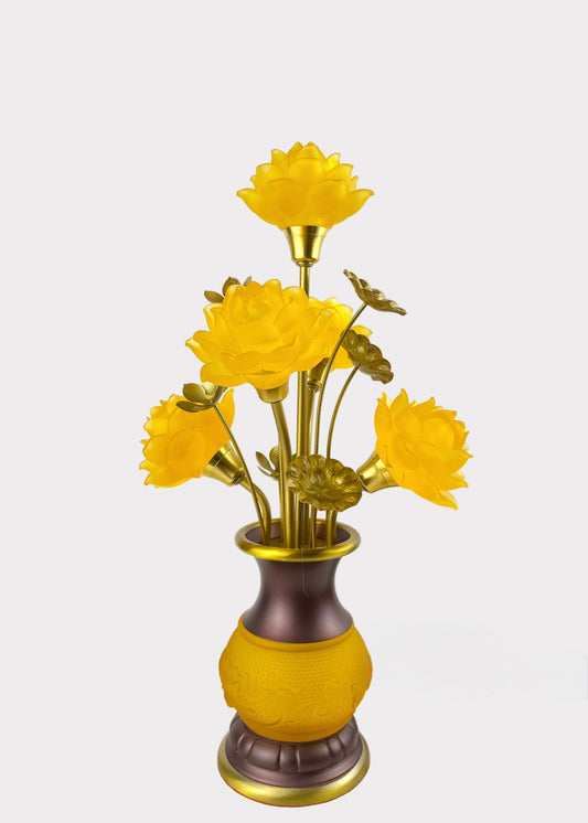 Five Yellow Lotus LED Lamp – Solid Yellow Glow – Embossed Lotus Vase