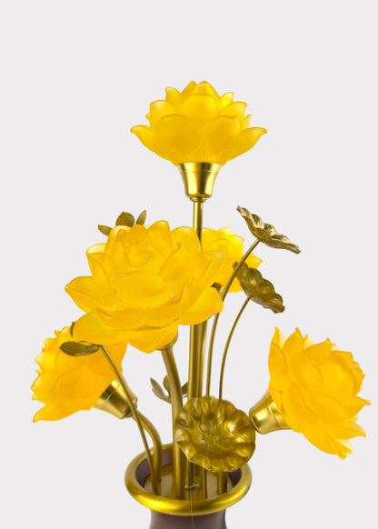 Five Yellow Lotus LED Lamp – Solid Yellow Glow – Embossed Lotus Vase