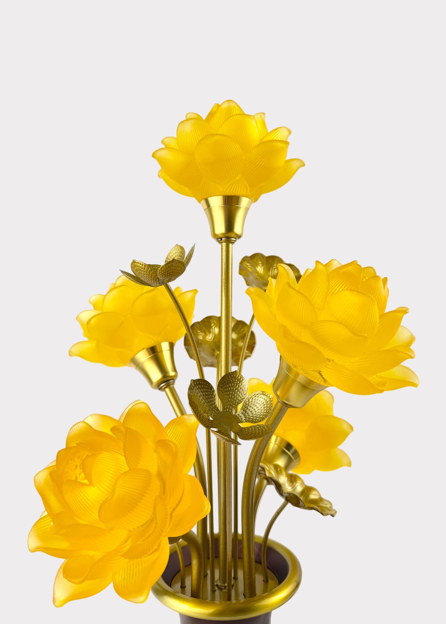 Five Yellow Lotus LED Lamp – Solid Yellow Glow – Embossed Lotus Vase