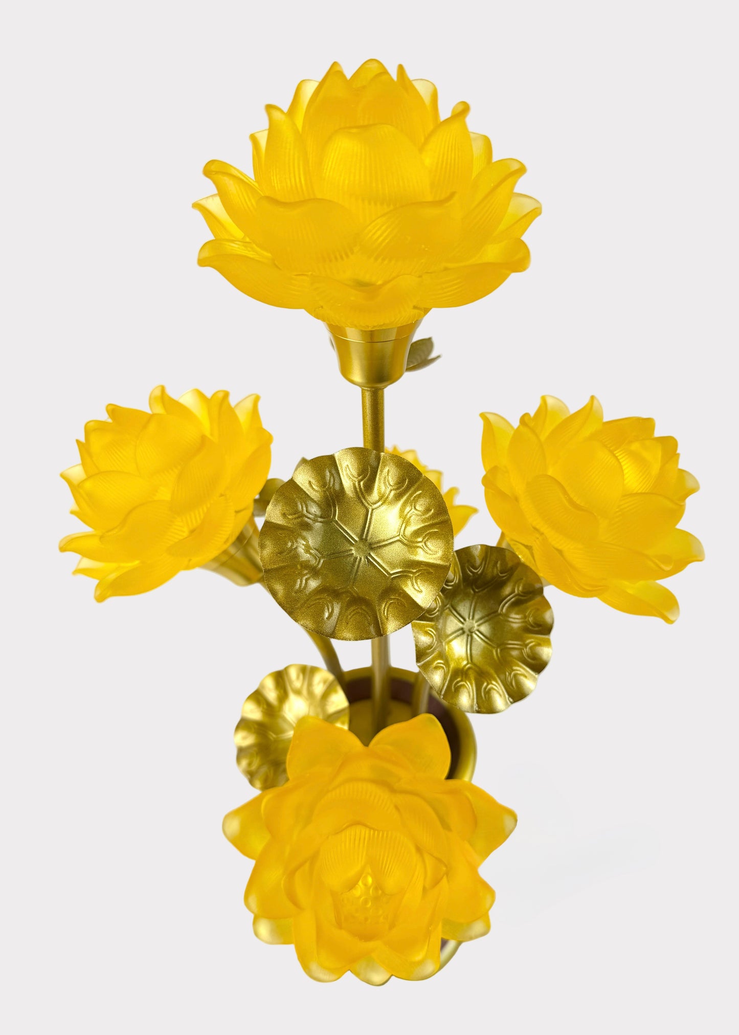 Five Yellow Lotus LED Lamp – Solid Yellow Glow – Embossed Lotus Vase