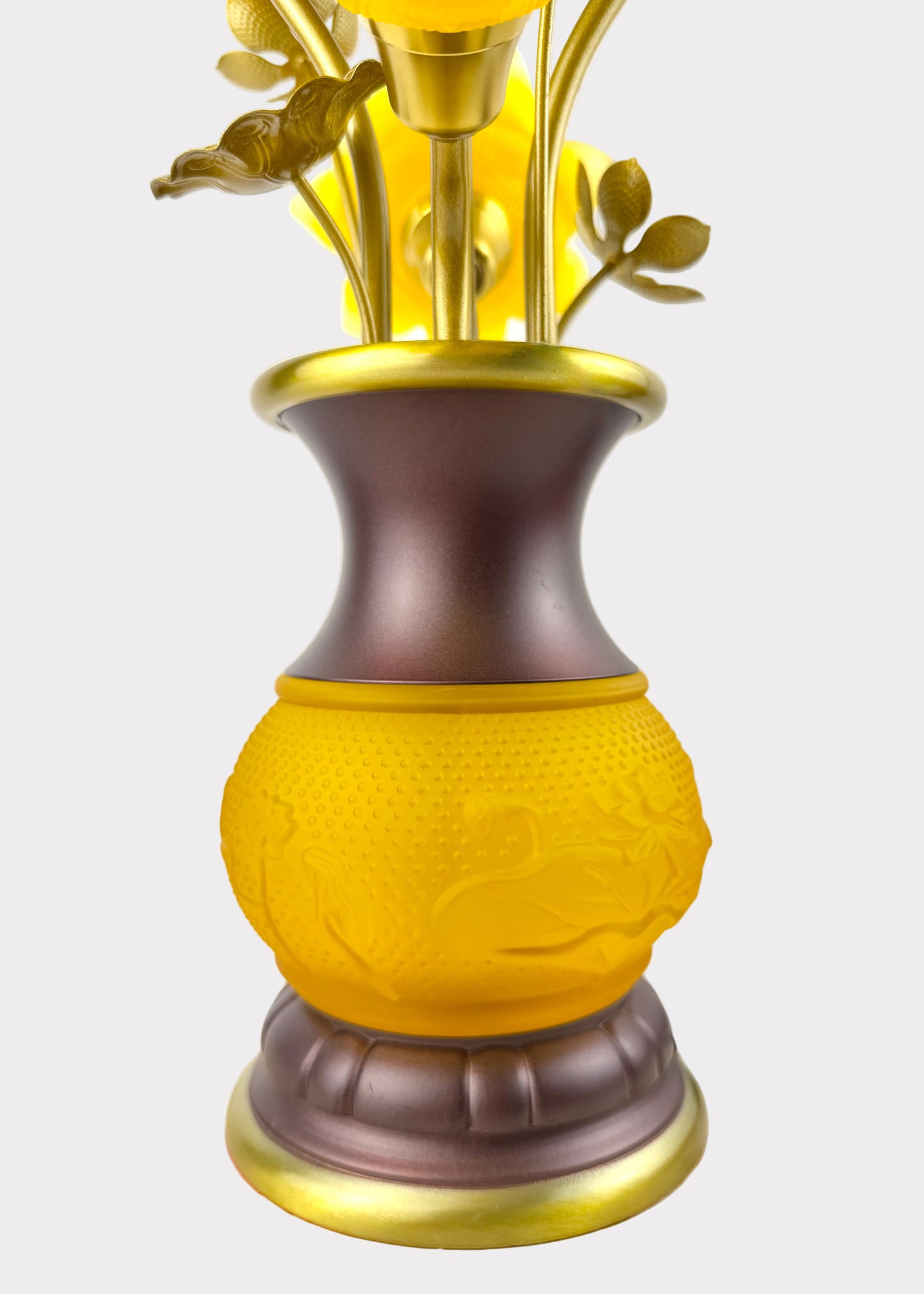 Five Yellow Lotus LED Lamp – Solid Yellow Glow – Embossed Lotus Vase