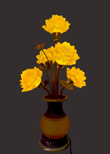 Five Yellow Lotus LED Lamp – Solid Yellow Glow – Embossed Lotus Vase