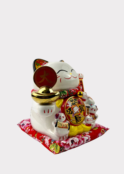 Ceramic Lucky Money Cat with Waving Arm & Spinning Gold Ingot - USB/Battery Powered