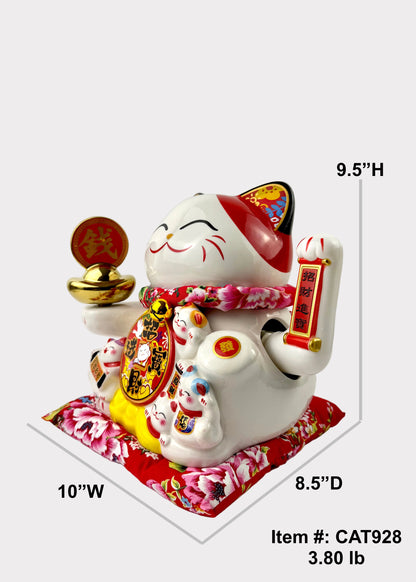 Ceramic Lucky Money Cat with Waving Arm & Spinning Gold Ingot - USB/Battery Powered