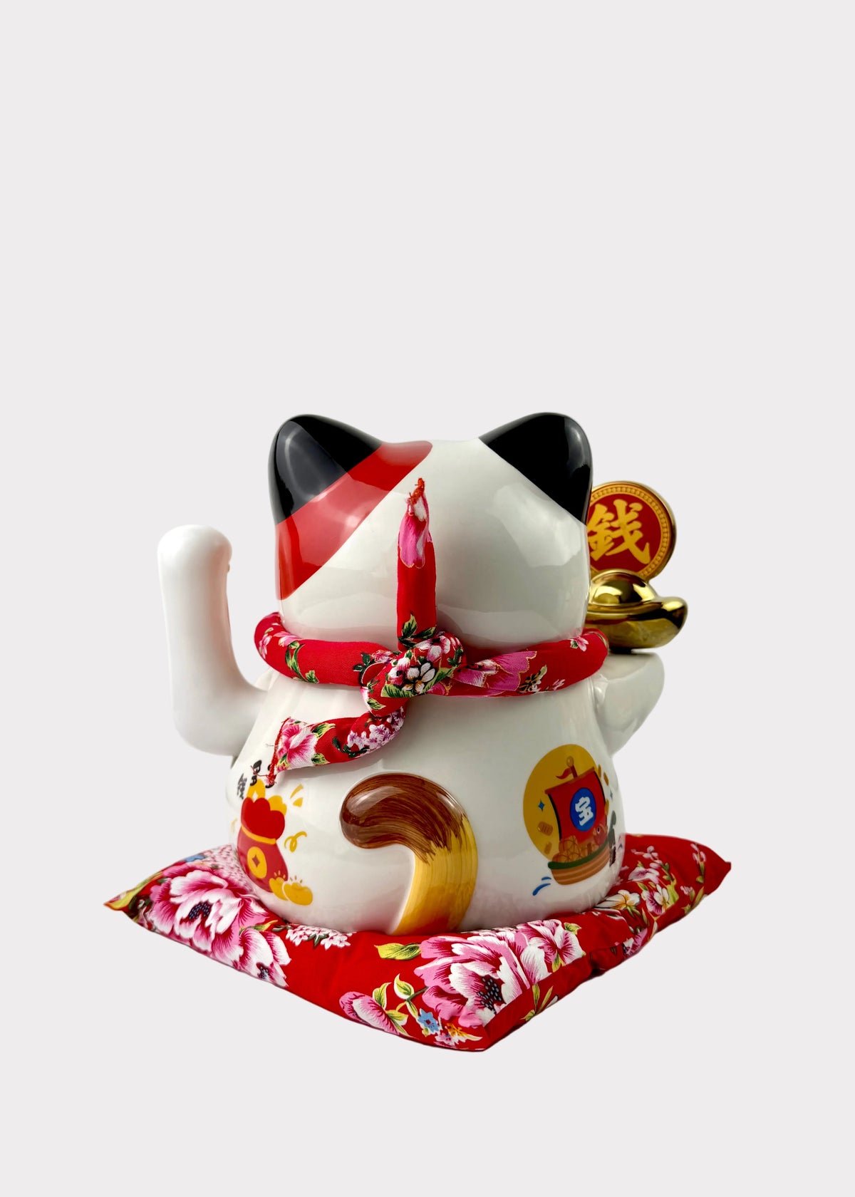 Ceramic Lucky Money Cat with Waving Arm & Spinning Gold Ingot - USB/Battery Powered