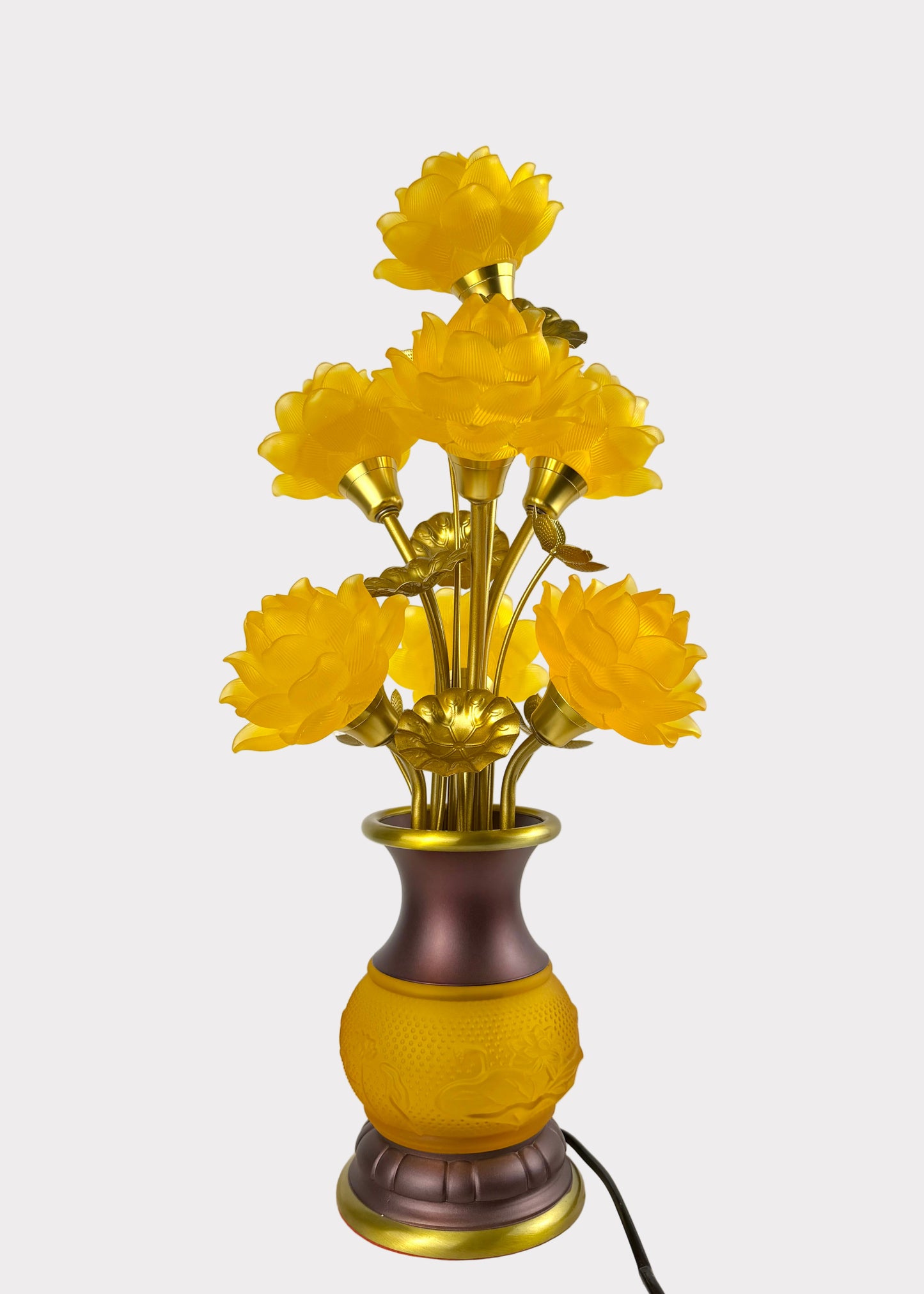 Seven Yellow Lotus LED Lamp – Solid Yellow Glow – Embossed Lotus Vase