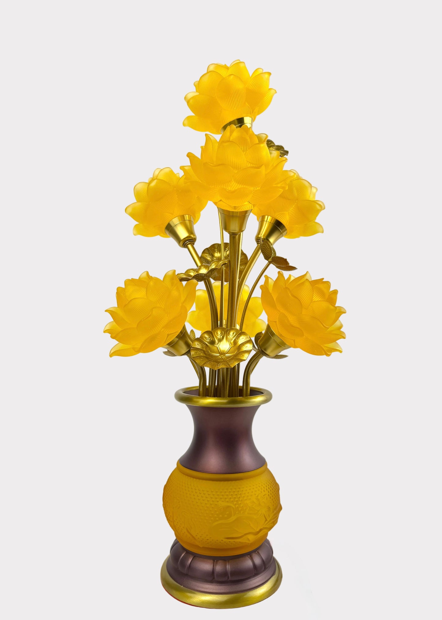 Seven Yellow Lotus LED Lamp – Solid Yellow Glow – Embossed Lotus Vase