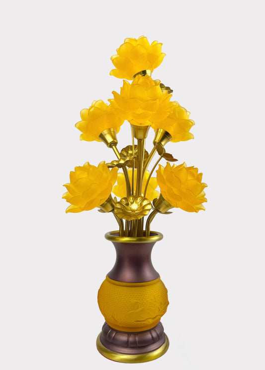 Seven Yellow Lotus LED Lamp – Solid Yellow Glow – Embossed Lotus Vase