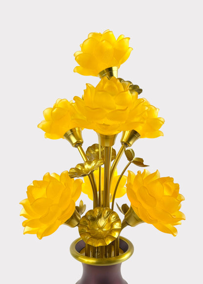 Seven Yellow Lotus LED Lamp – Solid Yellow Glow – Embossed Lotus Vase