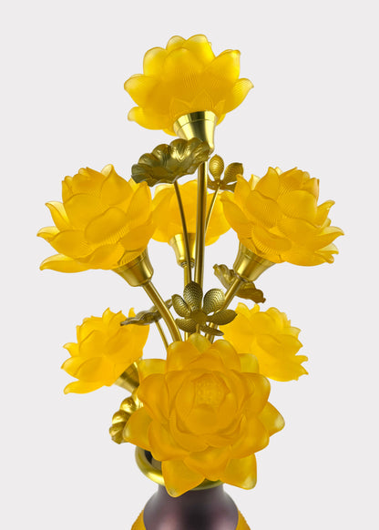 Seven Yellow Lotus LED Lamp – Solid Yellow Glow – Embossed Lotus Vase