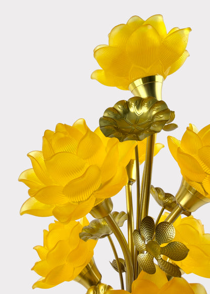 Seven Yellow Lotus LED Lamp – Solid Yellow Glow – Embossed Lotus Vase