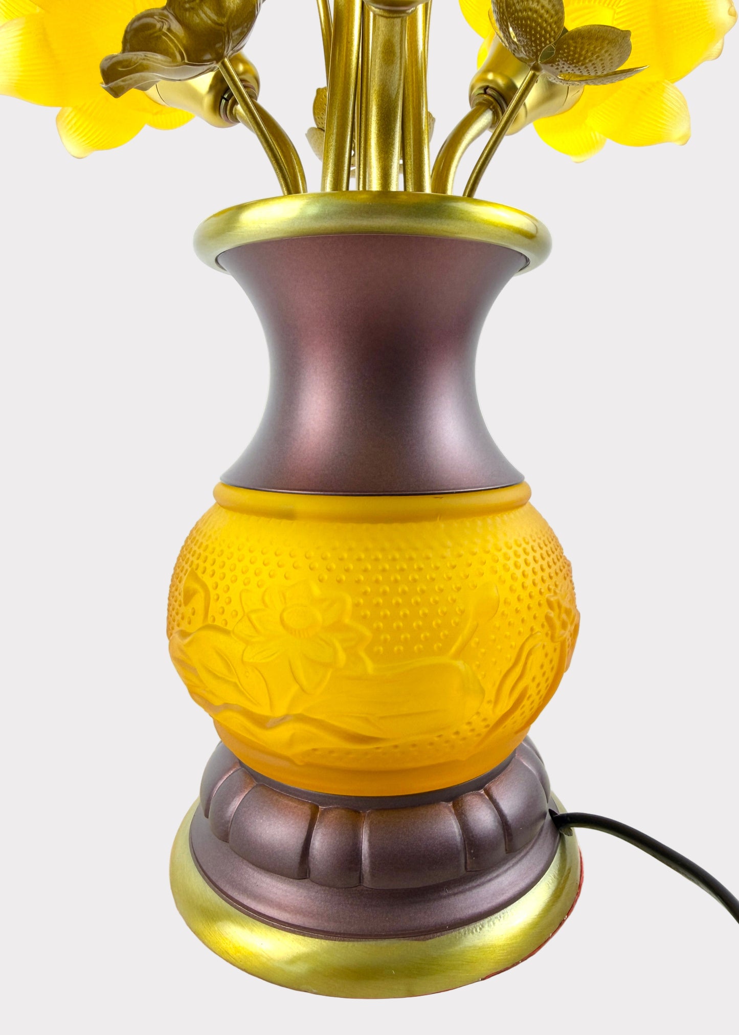 Seven Yellow Lotus LED Lamp – Solid Yellow Glow – Embossed Lotus Vase