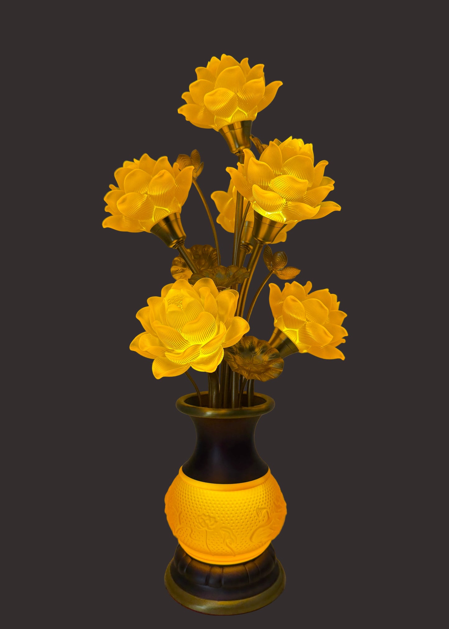 Seven Yellow Lotus LED Lamp – Solid Yellow Glow – Embossed Lotus Vase