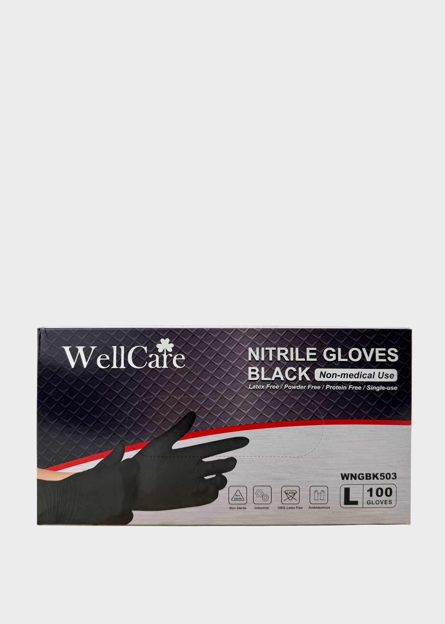 WellCare Black Nitrile Gloves – Large – Powder Free Latex Free Disposable