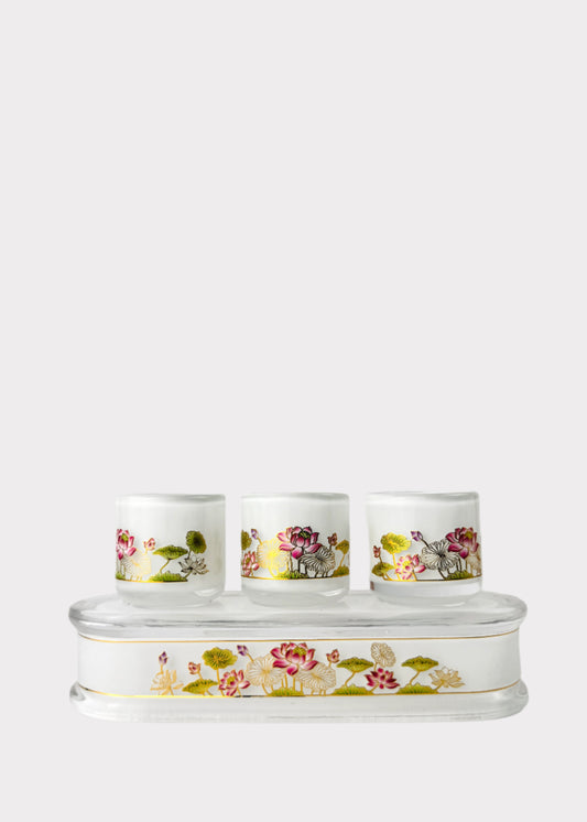 Crystal Lotus Altar Cup Set with Tray 3-Cup - Gold Trim