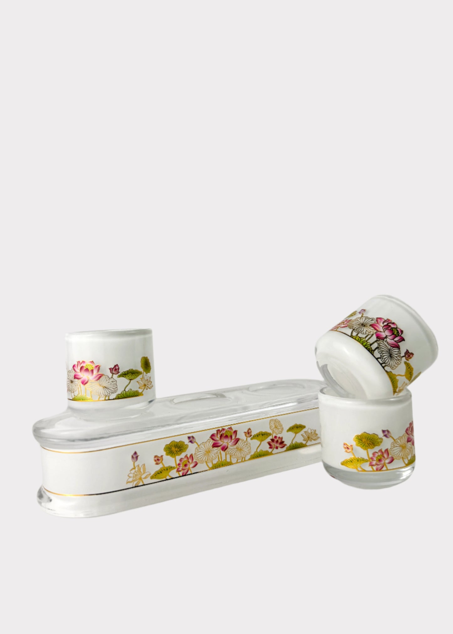 Crystal Lotus Altar Cup Set with Tray 3-Cup - Gold Trim