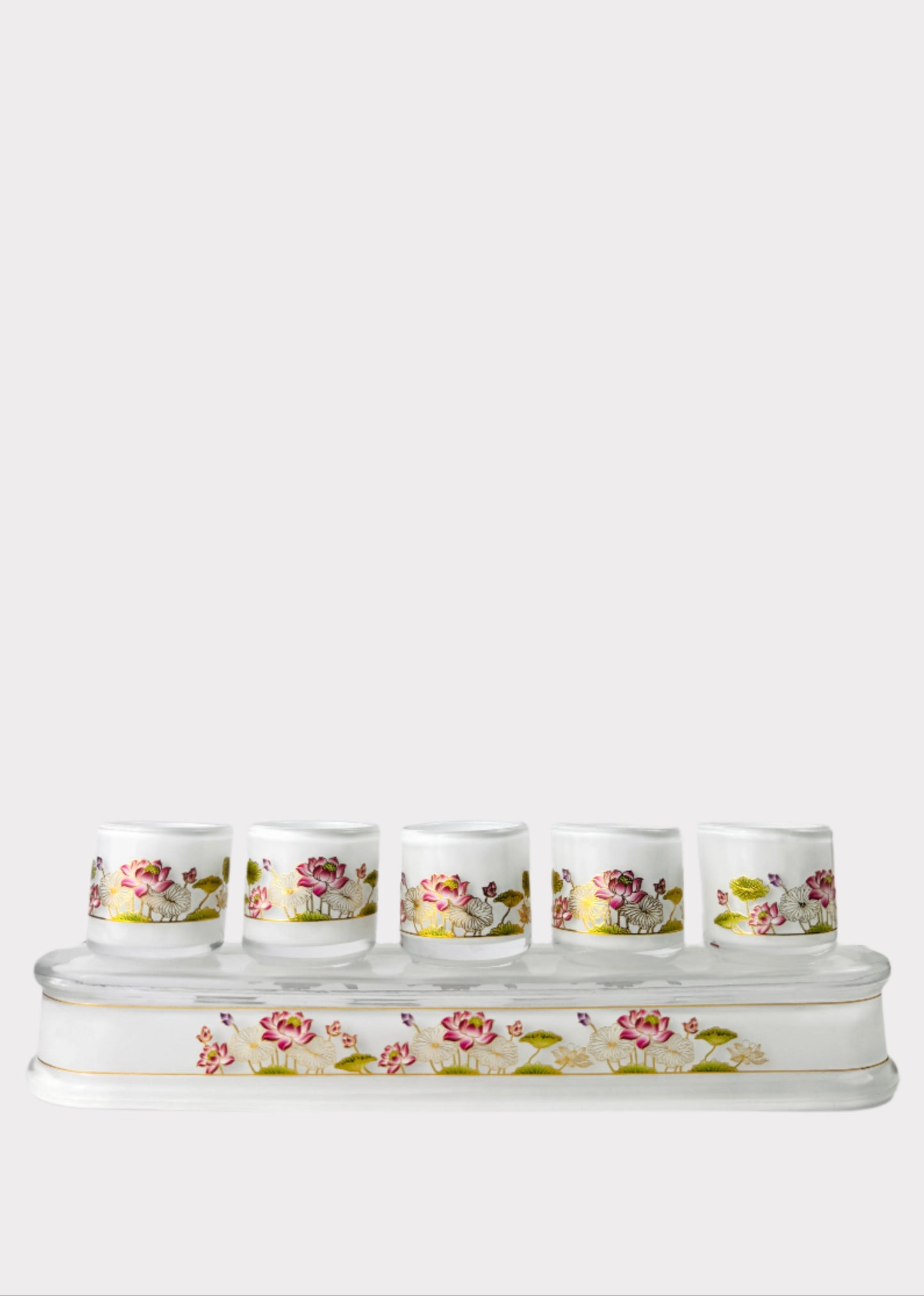 Crystal Lotus Altar Cup Set with Tray 5-Cup - Gold Trim