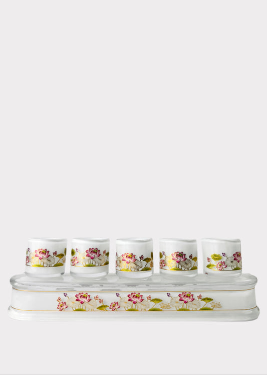 Crystal Lotus Altar Cup Set with Tray 5-Cup - Gold Trim
