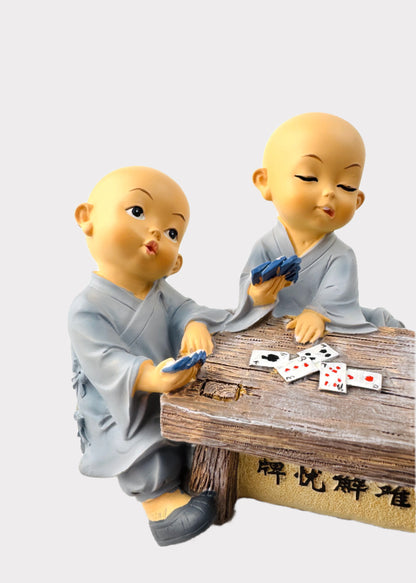 Little Monks Playing Cards Figurine