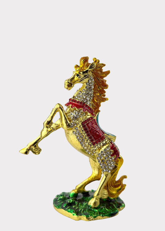 Golden Rearing Horse Trinket Box with Crystals - Feng Shui Decor