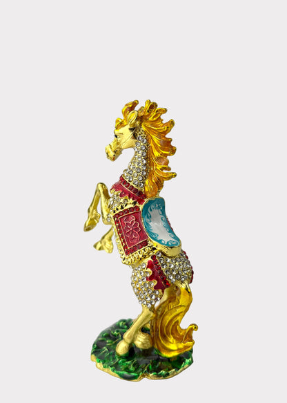 Golden Rearing Horse Trinket Box with Crystals - Feng Shui Decor