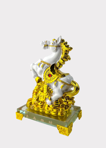 White and Gold Jumping Horse Wealth Statue