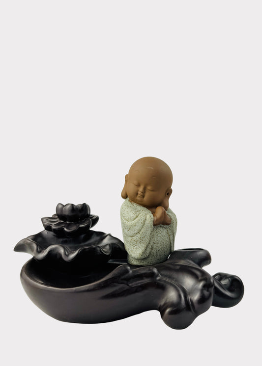 Resting Monk on Lotus Wave Backflow Incense Burner - Ceramic