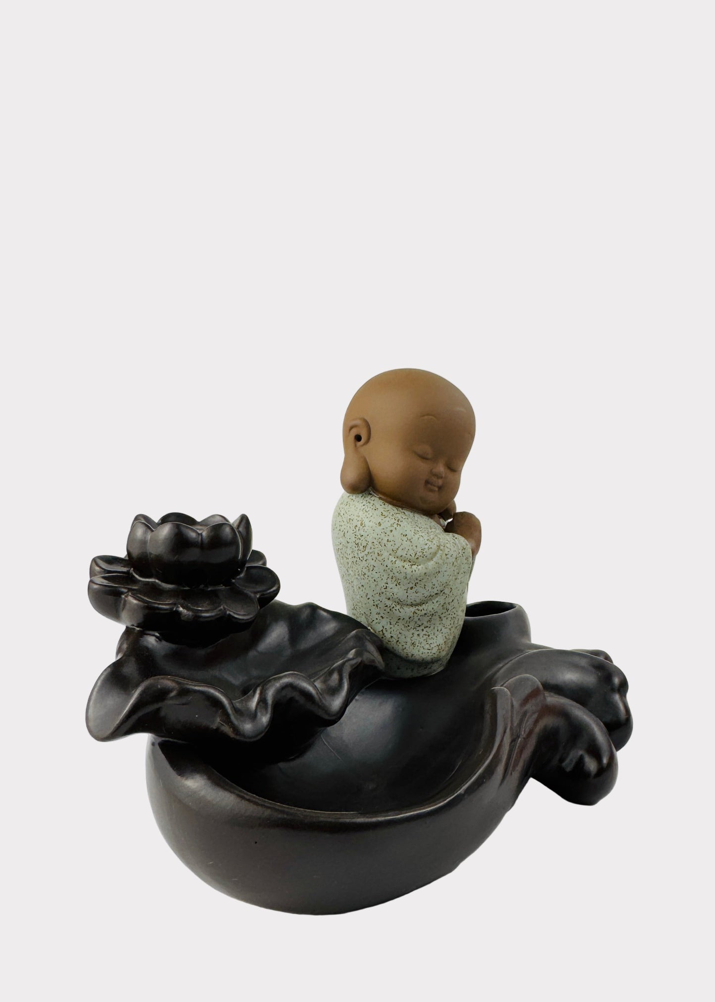 Resting Monk on Lotus Wave Backflow Incense Burner - Ceramic