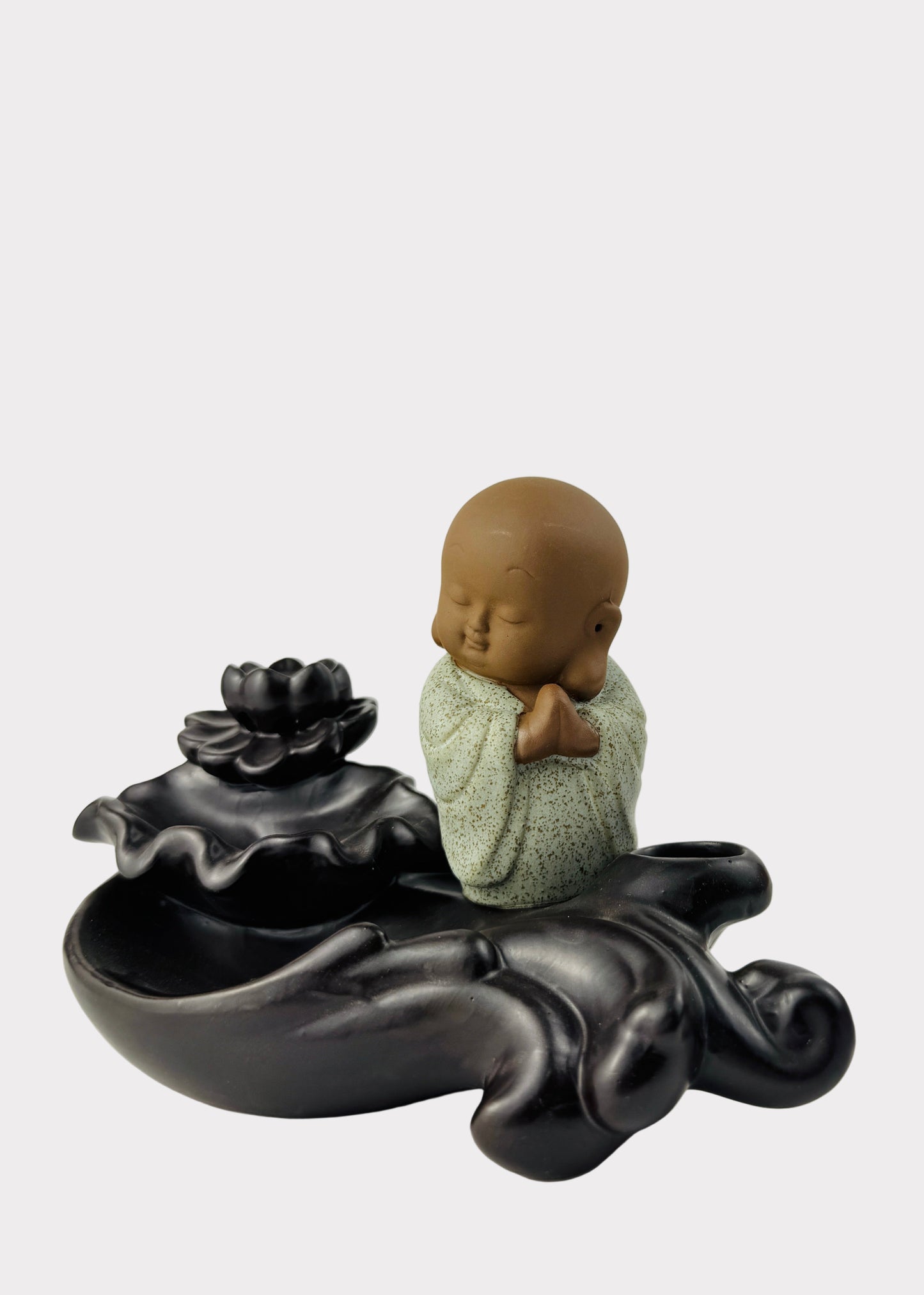 Resting Monk on Lotus Wave Backflow Incense Burner - Ceramic
