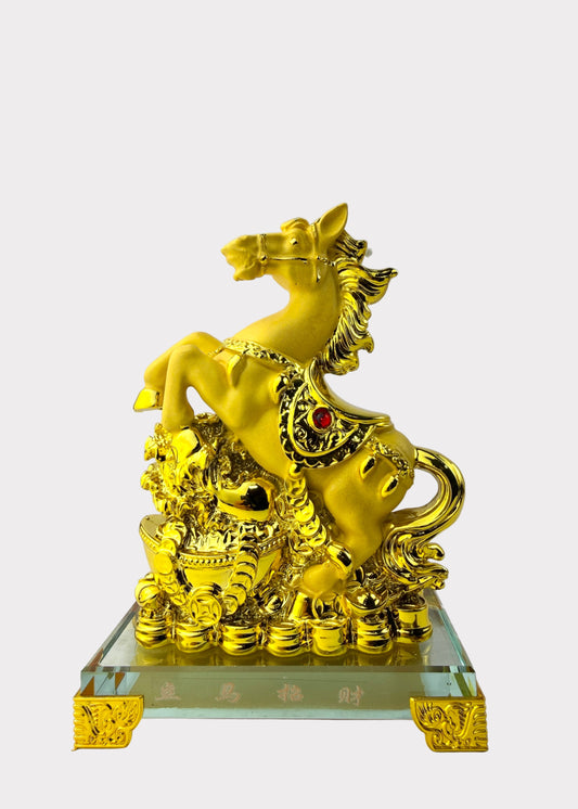 Gold Jumping Horse Wealth Statue on Crystal Base - Feng Shui Prosperity