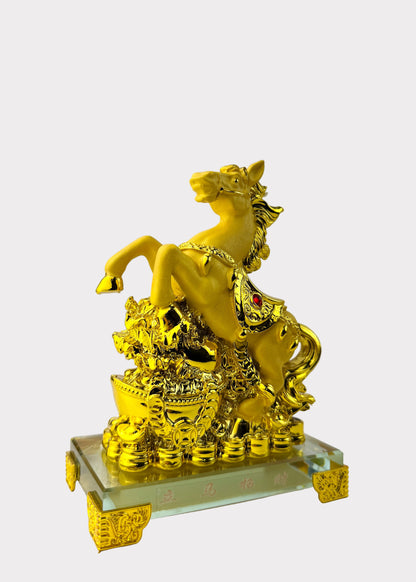 Gold Jumping Horse Wealth Statue on Crystal Base - Feng Shui Prosperity