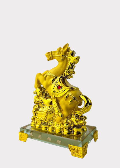 Gold Jumping Horse Wealth Statue on Crystal Base - Feng Shui Prosperity