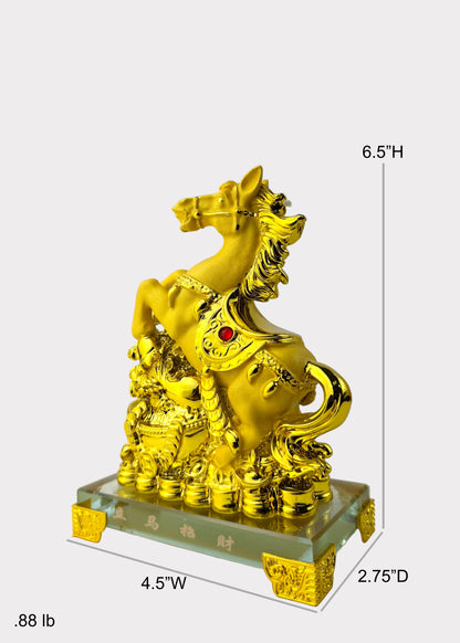 Gold Jumping Horse Wealth Statue on Crystal Base - Feng Shui Prosperity