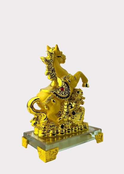 Gold Jumping Horse Wealth Statue on Crystal Base - Feng Shui Prosperity