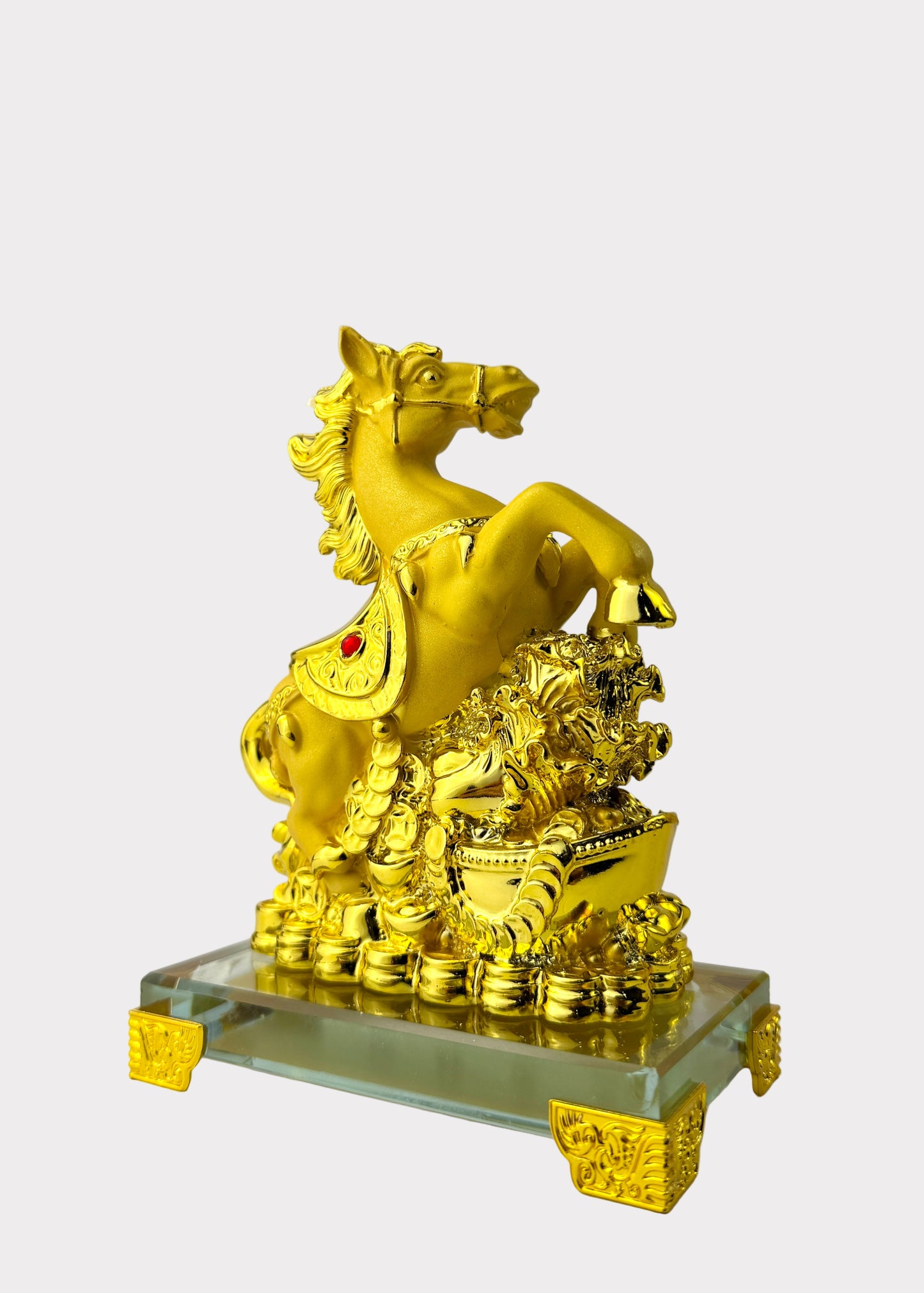 Gold Jumping Horse Wealth Statue on Crystal Base - Feng Shui Prosperity