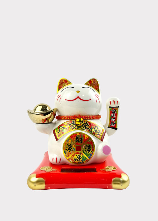 Solar Powered Ceramic Lucky Money Cat with Gold Ingot - Prosperity Decor